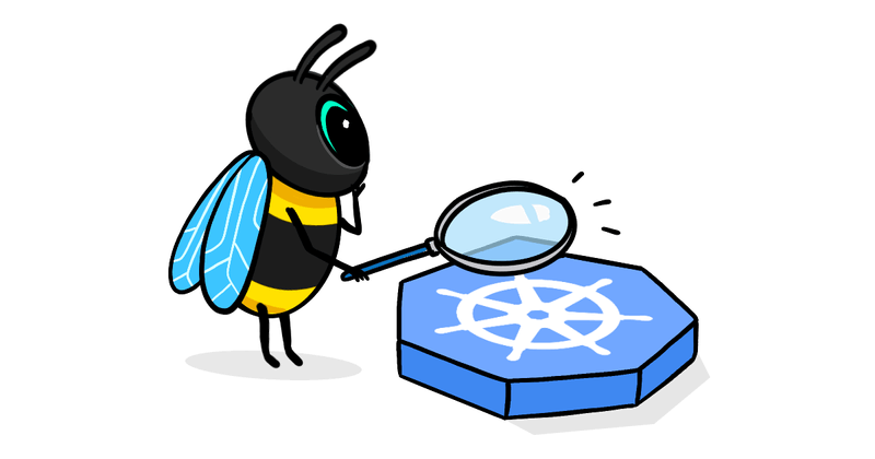 A bee looking at the Kubernetes logo with a magnifying glass.